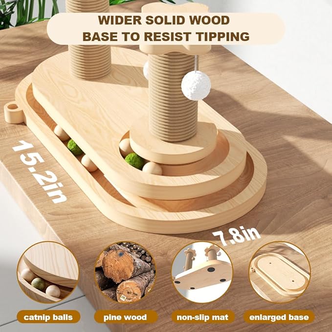 Cat Scratching Post, Sisal Cat Scratcher Post - 4-in-1 Cat Solid Wood Activity Center | Indoor Interactive Cat Toy with Trackball (Rolling), Feather Teaser, Hanging Balls & Natural Catnip Ball