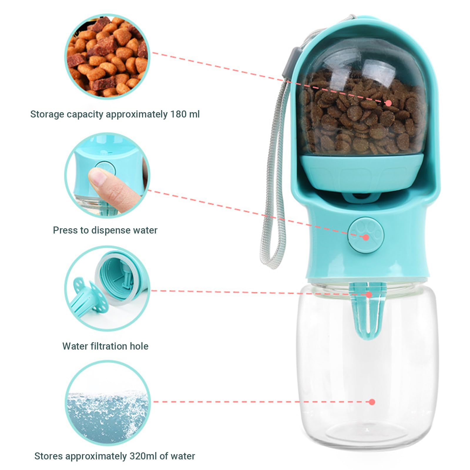 2-in-1 Dog Water Bottle with Food Container - 10oz Leak-Proof Travel Water Dispenser, Travel Water Bowl for Cats, Dogs, and Puppies - Essential for Walks, Hikes, and Travel (Blue)