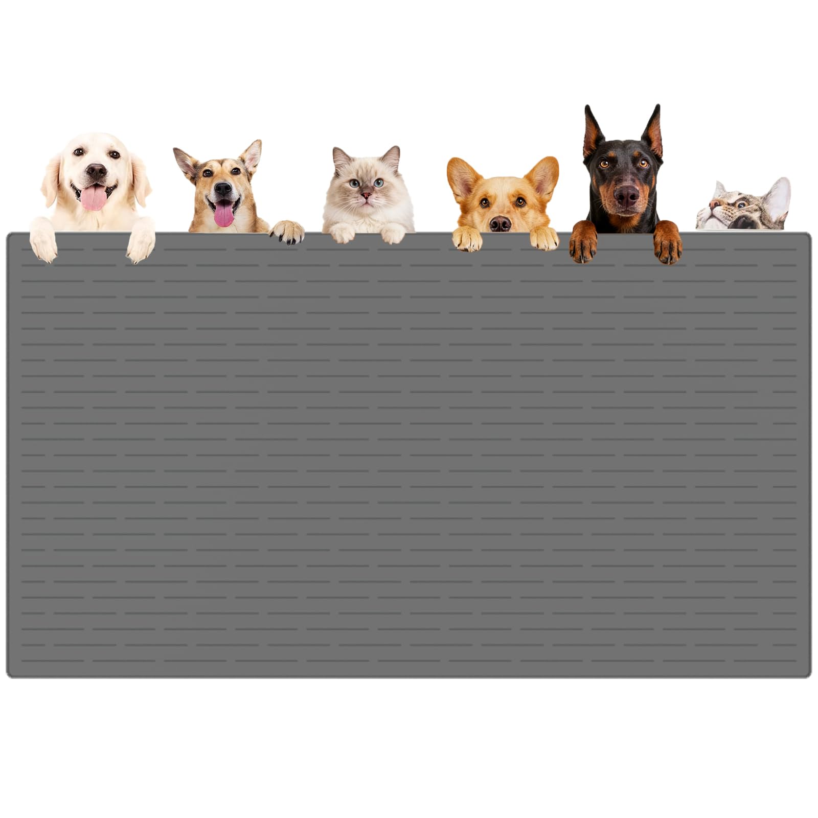 XXXXL Largest Pet Food Mat, 51.2"x25.6"(130cmx65cm) Silicone Dog Mats for Food and Water, Nonslip Pet Feeding Mats for Floors,Dog Cat Bowl Mat with Raised Edges, Dark Gray