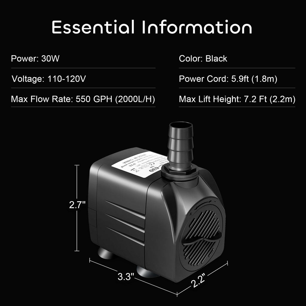 GROWNEER 550GPH Submersible Pump 30W Fountain Water Pump, 2000L/H, with 7.2ft High Lift, 3 Nozzles for Aquarium, Fish Tank, Pond, Hydroponics, Statuary, Pool