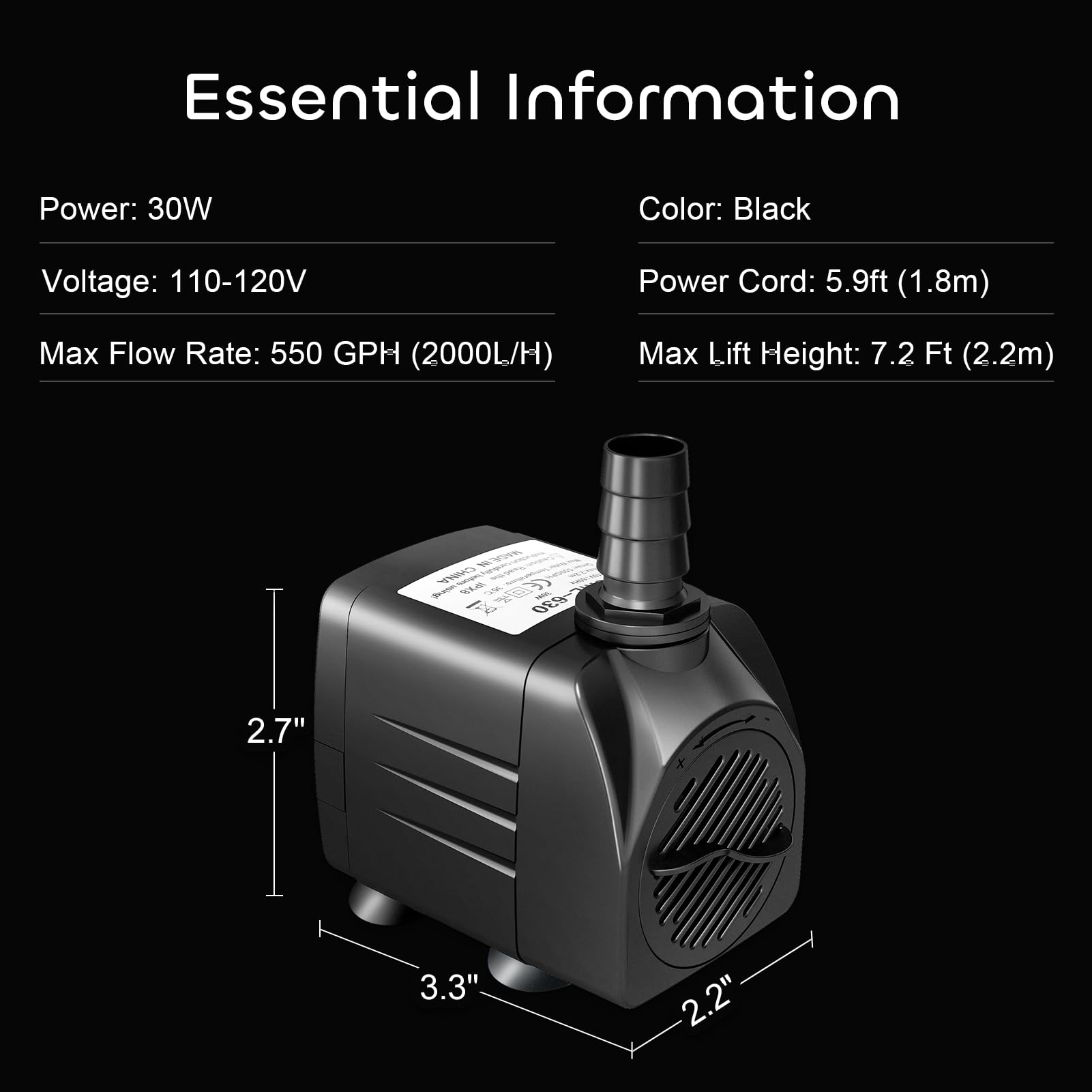 GROWNEER 550GPH Submersible Pump 30W Fountain Water Pump, 2000L/H, with 7.2ft High Lift, 3 Nozzles for Aquarium, Fish Tank, Pond, Hydroponics, Statuary, Pool
