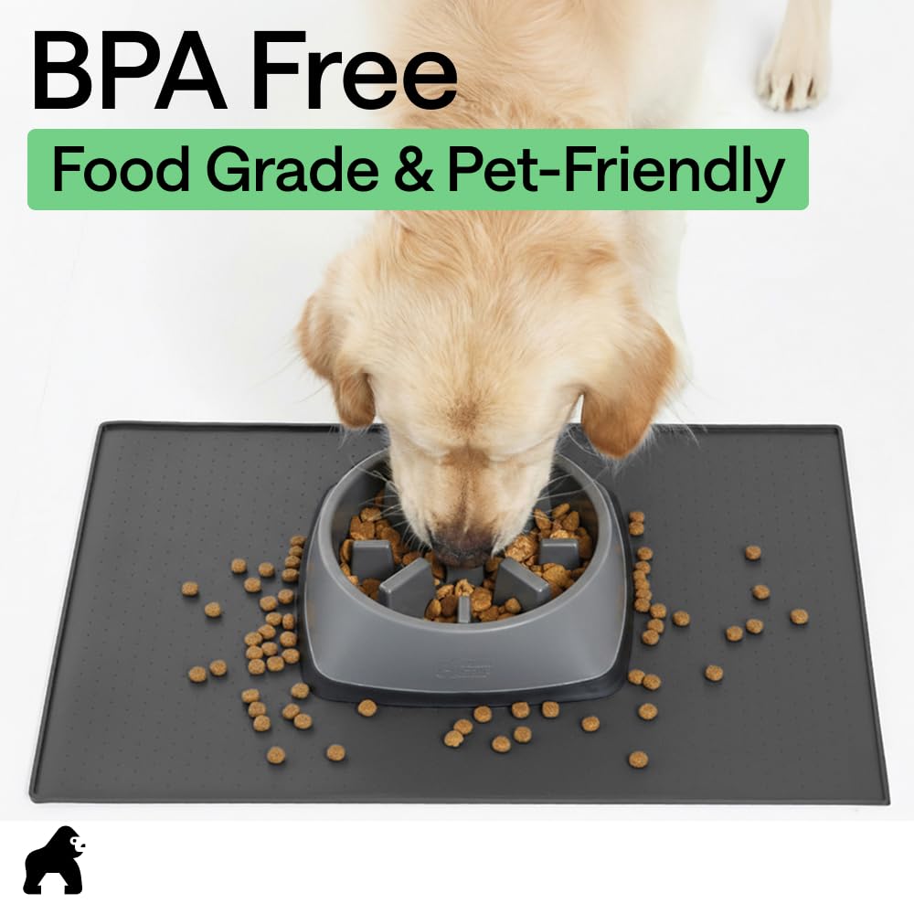 GORILLA GRIP 100% Waterproof Raised Edge BPA Free Silicone Pet Feeding Mat, Dog Cat Food Mats Contain Spills Protects Floors, Placemats for Cats and Dogs Water Bowl, Pets Accessories 16x10, Charcoal