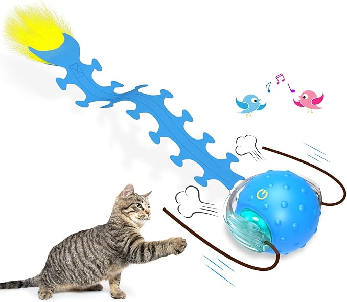 Giociv Interactive Cat Toys Ball for Indoor Cats Fast Rolling on Carpet, Chirping & Motion Activate Cat Toys (Blue Centipede)
