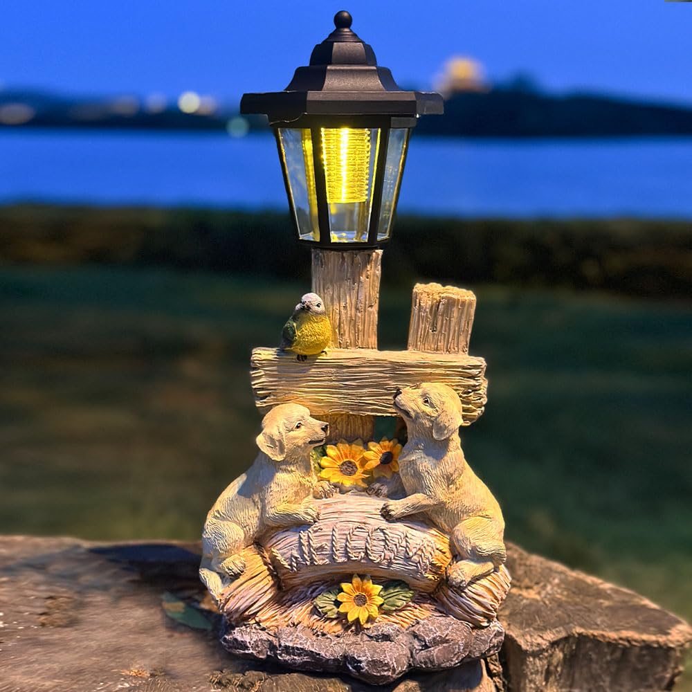 ZYLiWoo Outside Dog Statue with Solar Lantern, Garden Welcome Sign Dog Solar Figurines Light, Patio Outdoor Decoration, Balcony Lawn Decor, Unique Birthday House Warming Gift for Women, Mom, Grandma