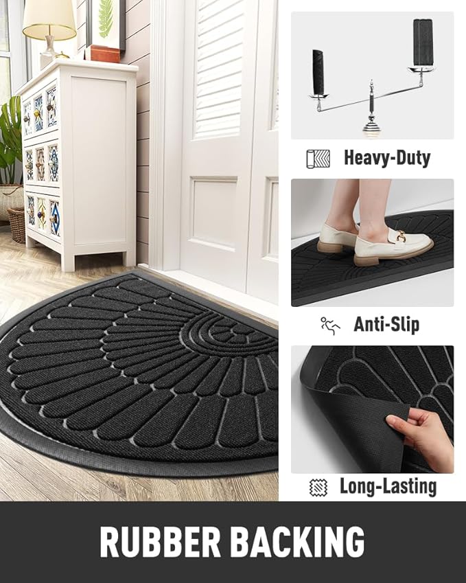 tchdio Door Mat Outdoor Indoor Entrance Doormat-Semicircular Durable Rubber Non Slip Front Door Mat for Outside Inside Entry Entryway Dirt Trapper WelcomeMat for Muddy Paws and Shoes-Black 17”x30”