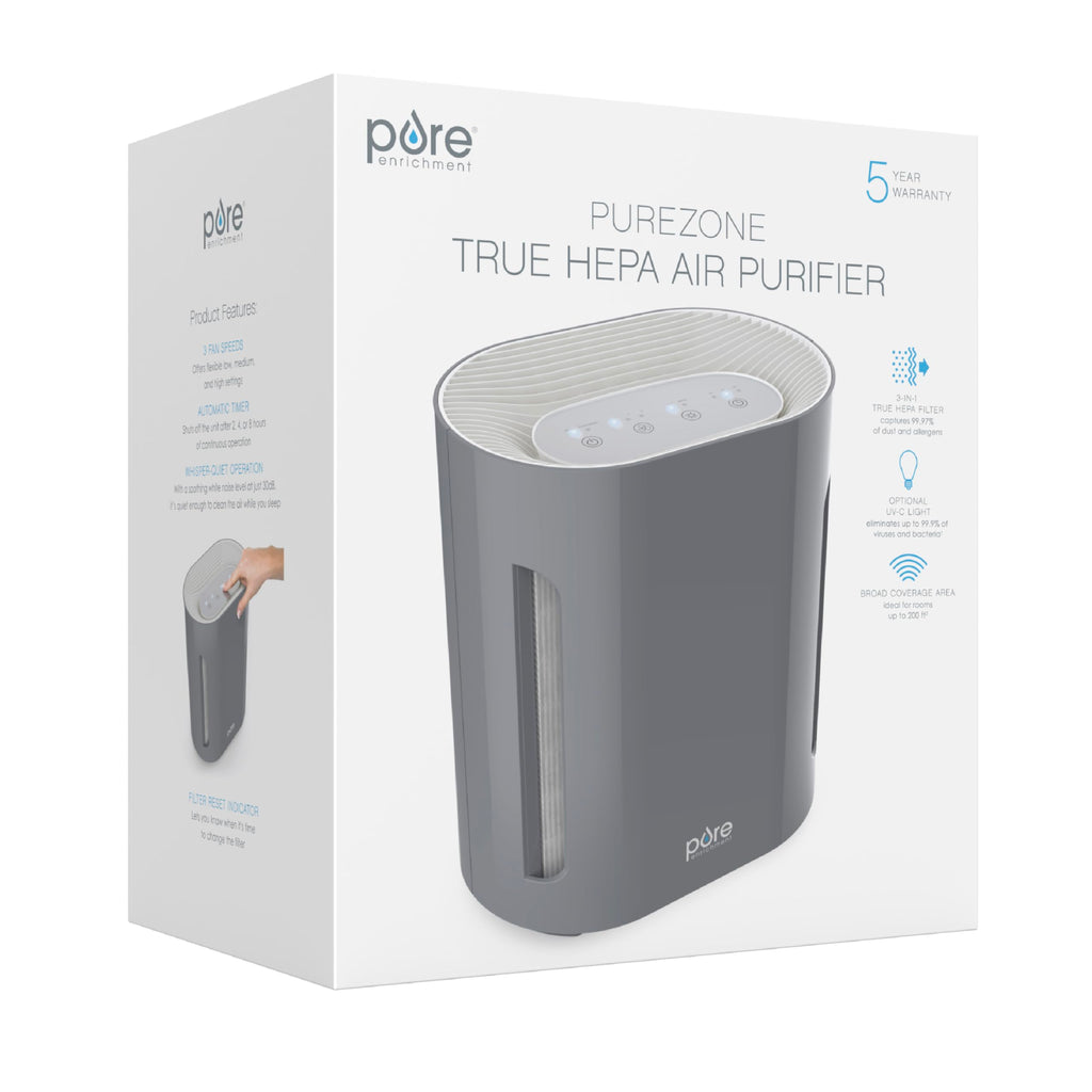 Pure Enrichment PureZone Air Purifier for Bedroom & Living Room, 4-Stage Filtration & UV-C Light, H13 HEPA Filter Helps Remove Bacteria, Pet Hair Dander, Allergens, Germs, Smoke, Dust (Gray)