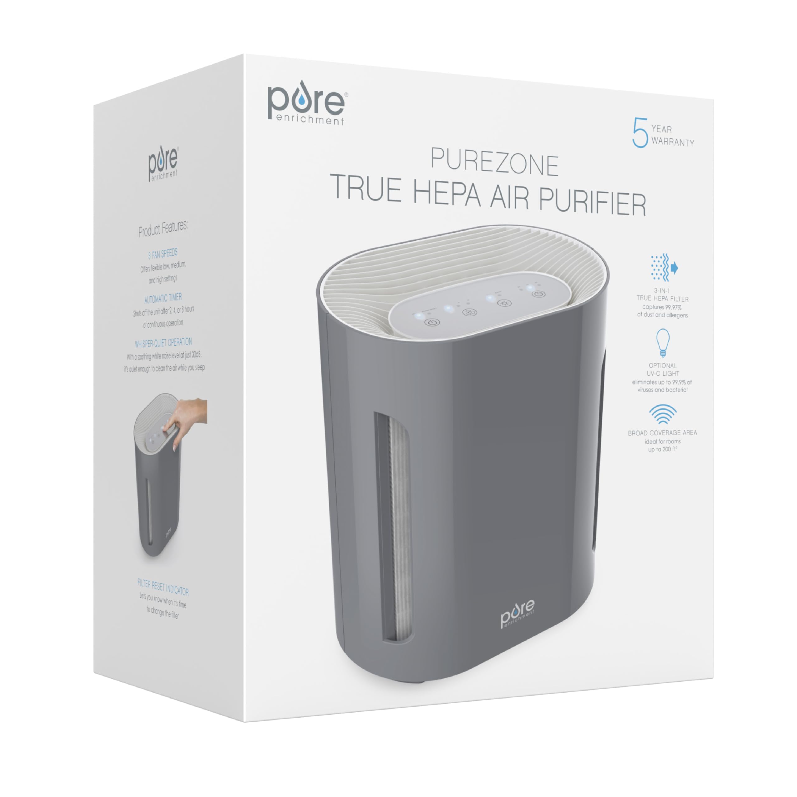 Pure Enrichment PureZone Air Purifier for Bedroom & Living Room, 4-Stage Filtration & UV-C Light, H13 HEPA Filter Helps Remove Bacteria, Pet Hair Dander, Allergens, Germs, Smoke, Dust (Gray)