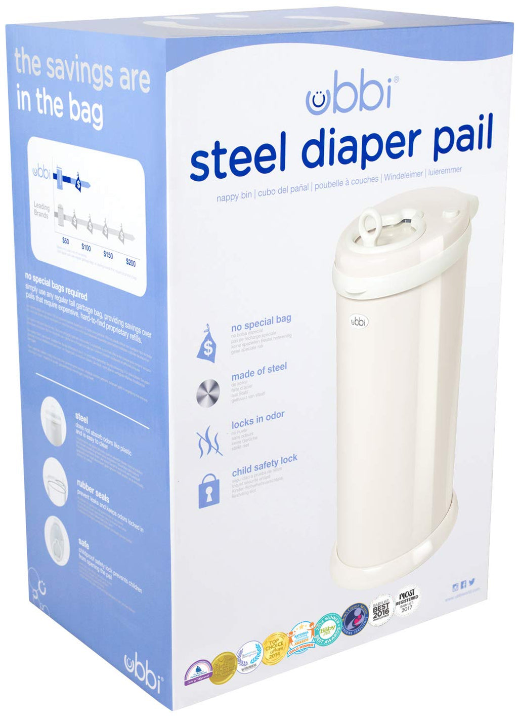 Ubbi Stainless Steel Diaper Pail, Odor Locking, No Special Bag Required, Award-Winning, Registry Must-Have, Ivory