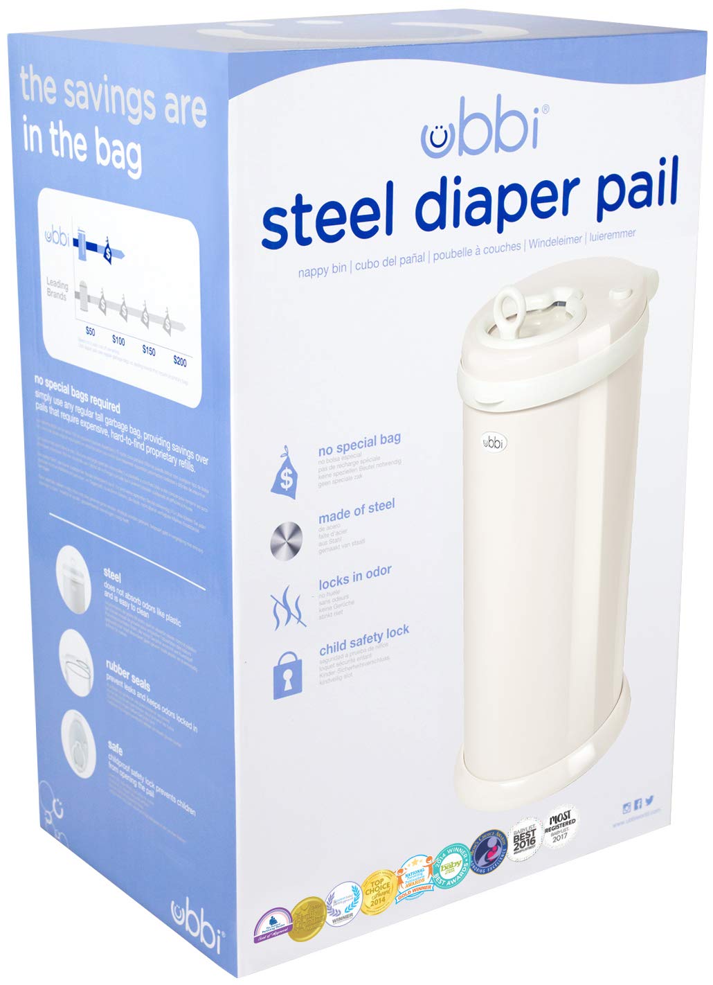 Ubbi Stainless Steel Diaper Pail, Odor Locking, No Special Bag Required, Award-Winning, Registry Must-Have, Ivory