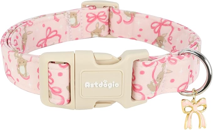 Easter Dog Collar, Spring Pink Dog Collar with Pink Bow & Rabbit, Adjustable Cotton Puppy Collars Girl Boy Collar for Small Medium Large Dogs -S