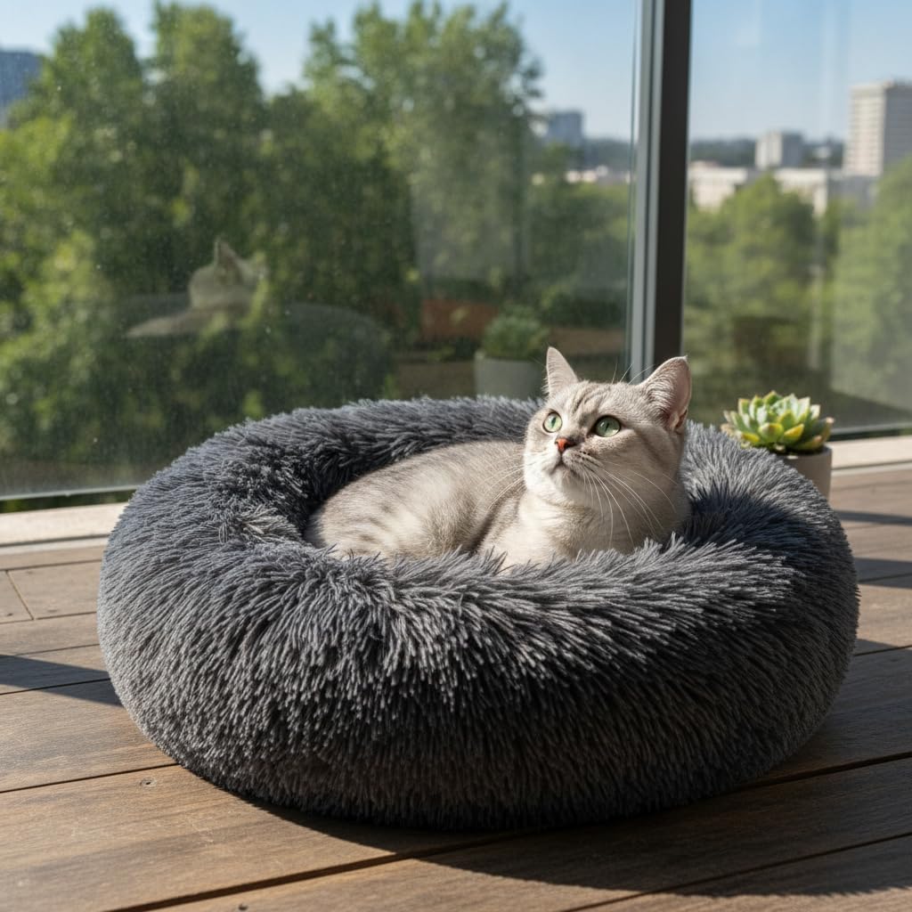 Donut Small Dog Bed, Calming Cat Beds for Indoor Cats, Deep Grey, 13x13x4in