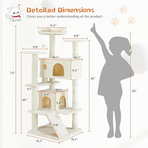 54 Inches Cat Tower Condo Furniture, Cat Tree Tower for Indoor Cats, Cozy Hammock and Sisal Scratching Posts, Multi-Level Durable Cat Scratch Post for Kittens Pet House Play, Detachable, Beige