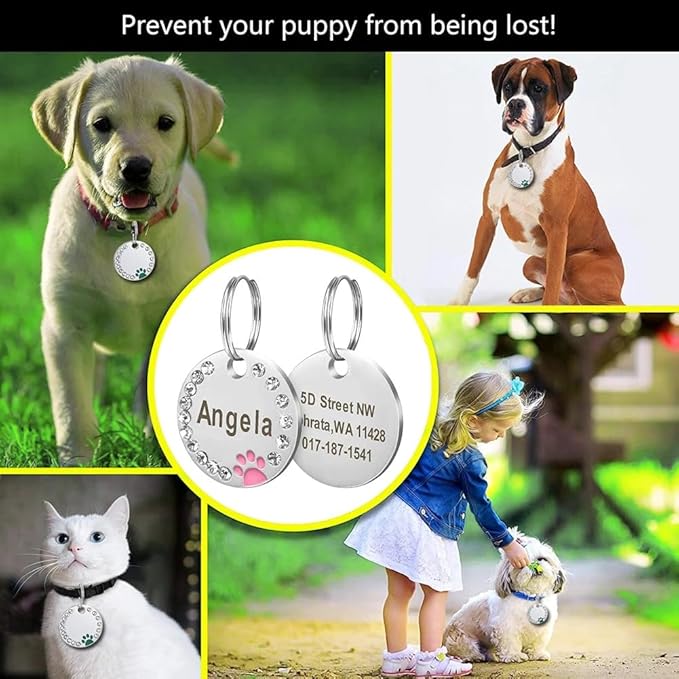 Personalized Dog/Cat Cute Paw Pet ID Tag for Pet Collar or Key Chain - Custom Laser Engraved Unique Dog/cat Name tag with Phone Number (Blue, Crystals Round-Small)