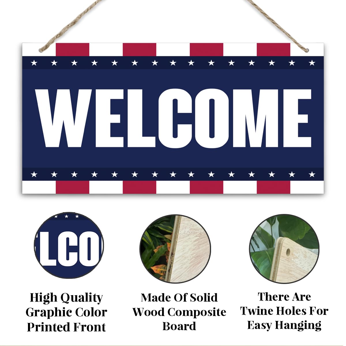 Welcome Sign for Front Door, Welcome Decor Wooden Hanging Sign, Patriotic American Theme Wall Hanging Decor, Funny Wooden Outdoor Front Door Decoration 13.8X6.9 inches