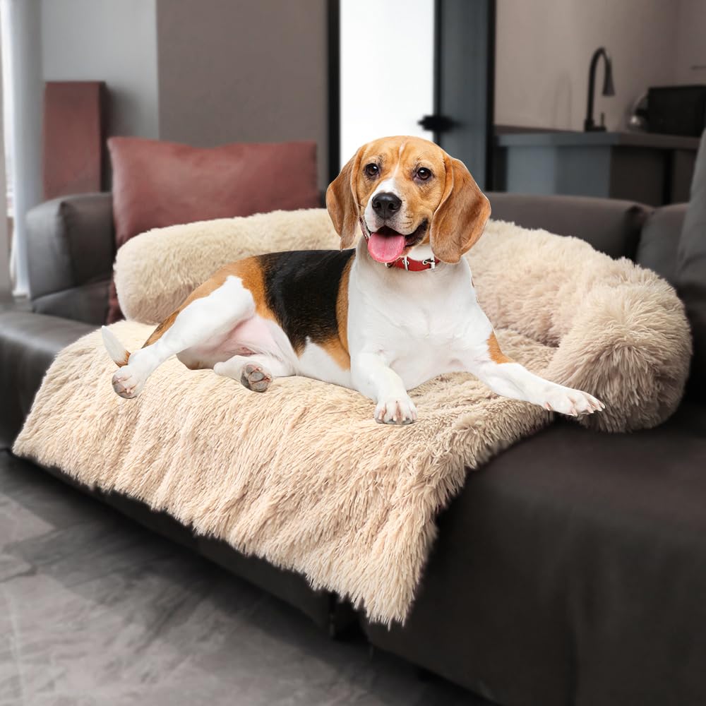 Tinaco Calming Dogs/Cats Bed Mats, Dog Pad Washable Removable Couch Cover, Plush Long Fur Mat for Pets, Waterproof, Perfect for Small, Medium and Large Dogs and Cats (Desert Brown, 45"x37"x 6.0")