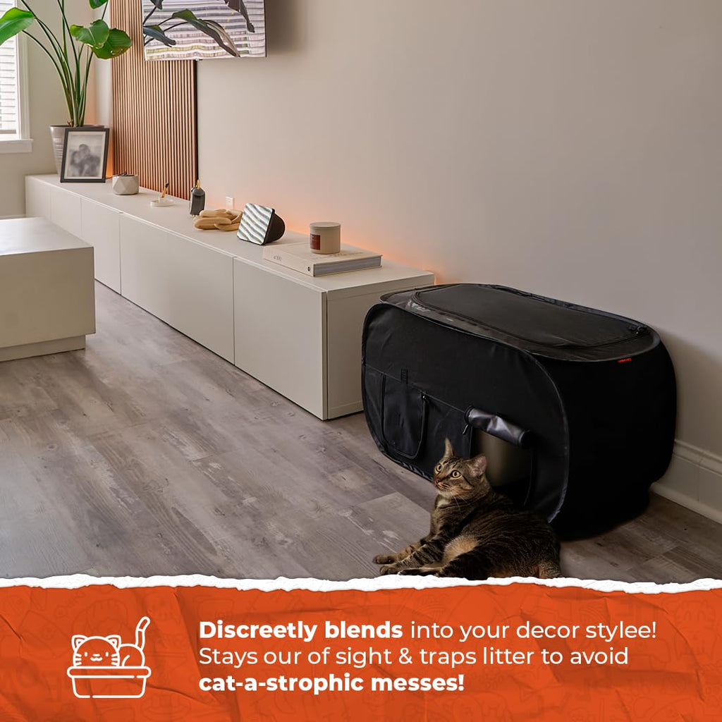 PEXTER Cat Litter Box Enclosure, Dog Proof, Discreet and Hidden Cat Litter Box Hider, Kitty Litter Trap Design with Easy-Clean Feature, Scoop and Deodorizer Storage Pockets, Lightweight and Waterproof