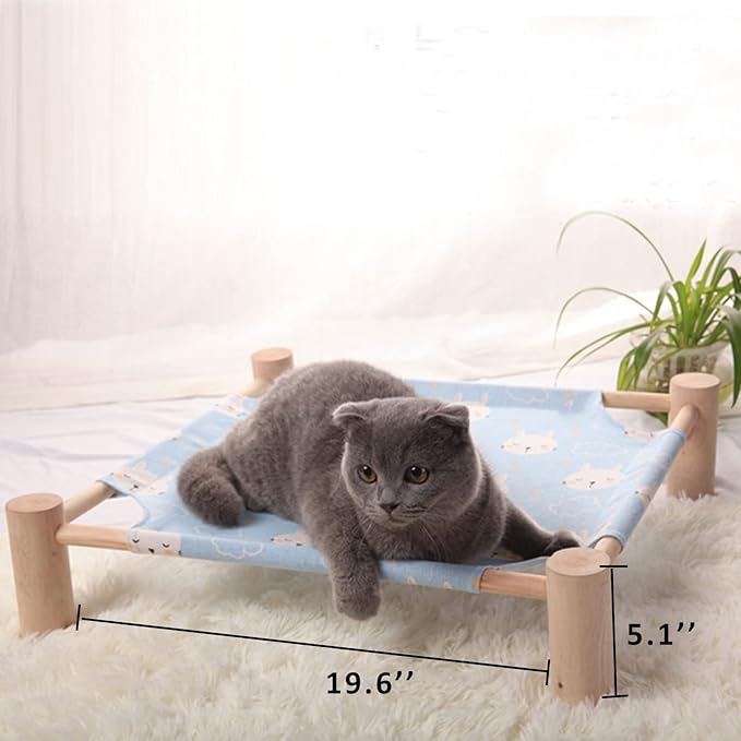 Pozico Cat & Dog Hammock Bed – Wooden Elevated Pet Cot with Breathable Mesh – Raised Cat Bed for Small Pets, Portable Puppy Bed Indoor & Outdoor Use – Blue Rabbit Design