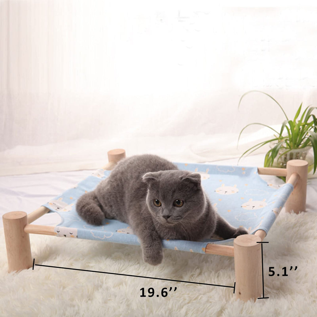 Pozico Cat & Dog Hammock Bed – Wooden Elevated Pet Cot with Breathable Mesh – Raised Cat Bed for Small Pets, Portable Puppy Bed Indoor & Outdoor Use – Blue Rabbit Design
