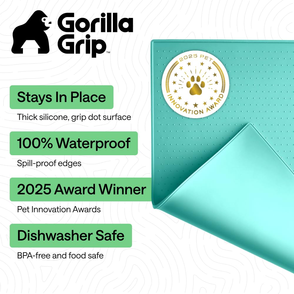 GORILLA GRIP 100% Waterproof Raised Edge BPA Free Silicone Pet Feeding Mat, Dog Cat Food Mats Contain Spills Protects Floors Placemats for Cats and Dogs Water Bowl Pets Accessories 18.5x11.5 Turquoise