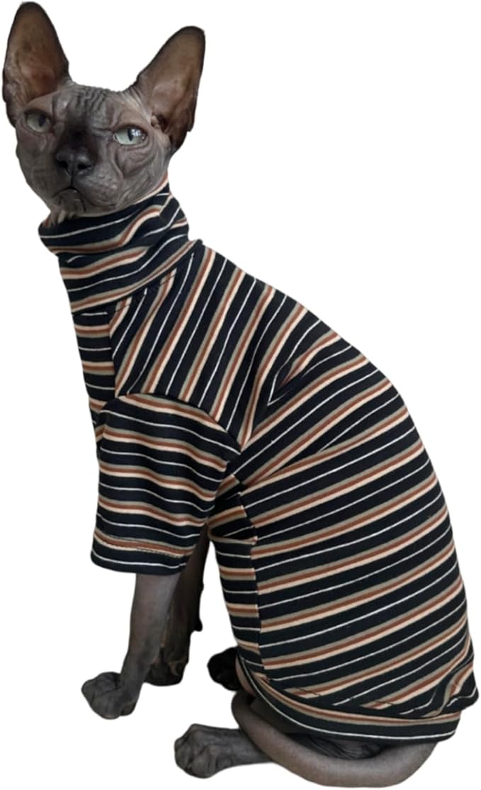 Vintage Stripes Sphynx Hairless Cats Shirt Cotton Cat Turtleneck Pet Clothes Kitten T-Shirts with Sleeves for Sphynx Cats (Vintage Black, Large)