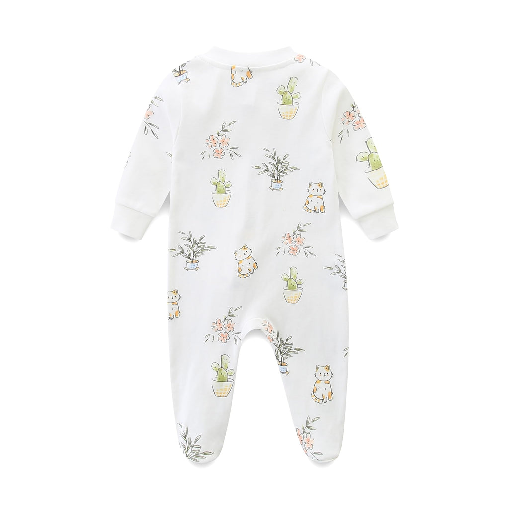 Baby Cotton Romper Boys Girls 2 Way Zip Up Long Sleeve Onesie Infant Outfits 3-6 Months Plant and Cat