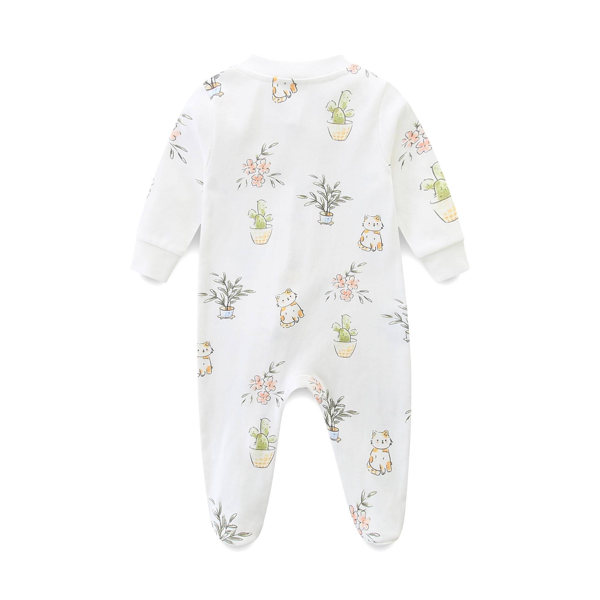 Baby Cotton Romper Boys Girls 2 Way Zip Up Long Sleeve Onesie Infant Outfits 3-6 Months Plant and Cat