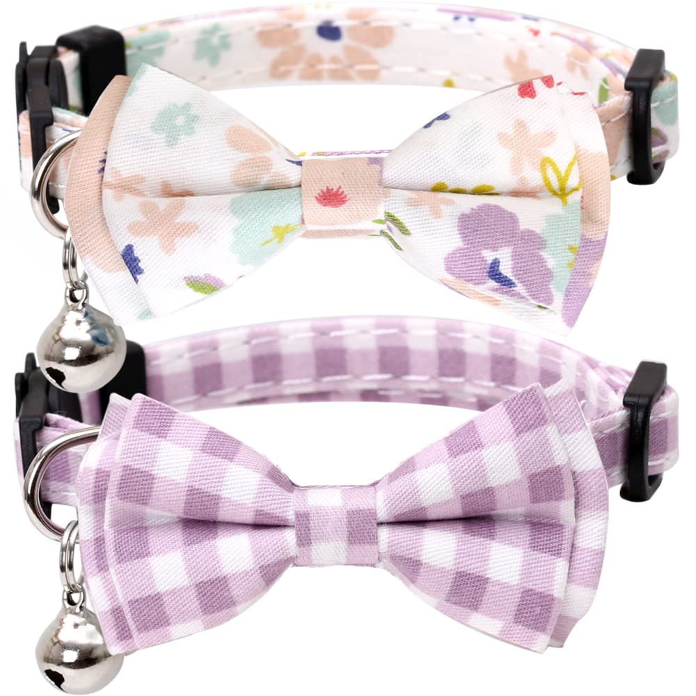 2 Pack Cat Collar Breakaway with Bow Tie and Bell Plaid Flower for Kitty
