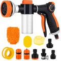 Dog Wash Hose, 8 Way Spray Pattern Garden Hose Nozzle with Soap Dispenser, Dog Wash Supplies with 2 type Dog Bath Brush, 4 extra connectors, Car Washing Mitt