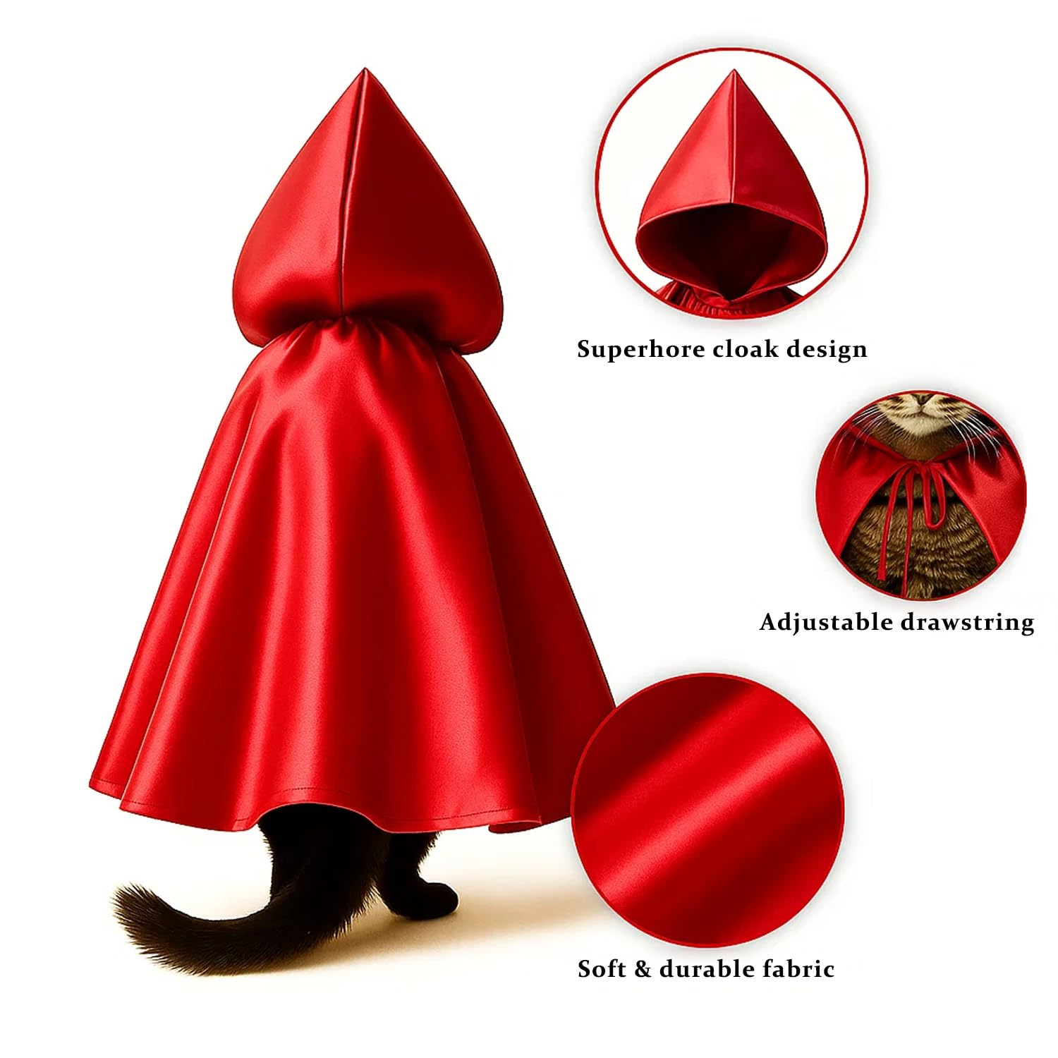Red Cat Cloak with Hood for Indoor Cats, Funny Superhero Cosplay Halloween Costume for Pets, Cute Cape for Party Photos and Dress-Up – Big/Middle Size