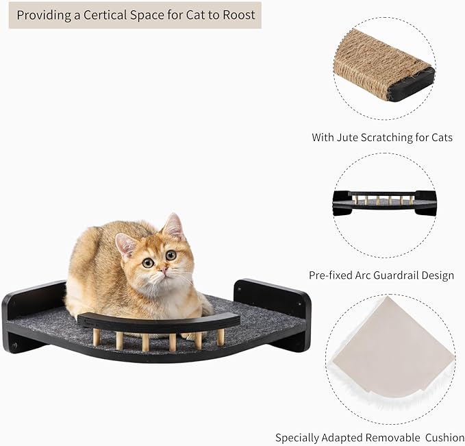 COOLEX Cat Wall Shelves - 3 Steps Scratch Post & Hammock Bed with Plush Cover, Climbing Shelf for Indoor Cats (Black)