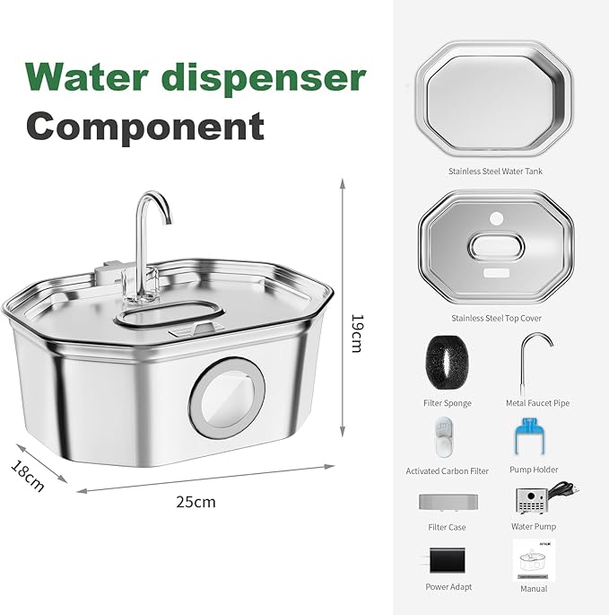 Cat Water Fountain, Apauk 108oz/3.2L Silent cat Water Fountain Stainless Steel, Cat Fountain, Automatic Pet Water Fountain,Dog Bowl, Controllable Blue Light - (2 Filters& 2 Sponges)