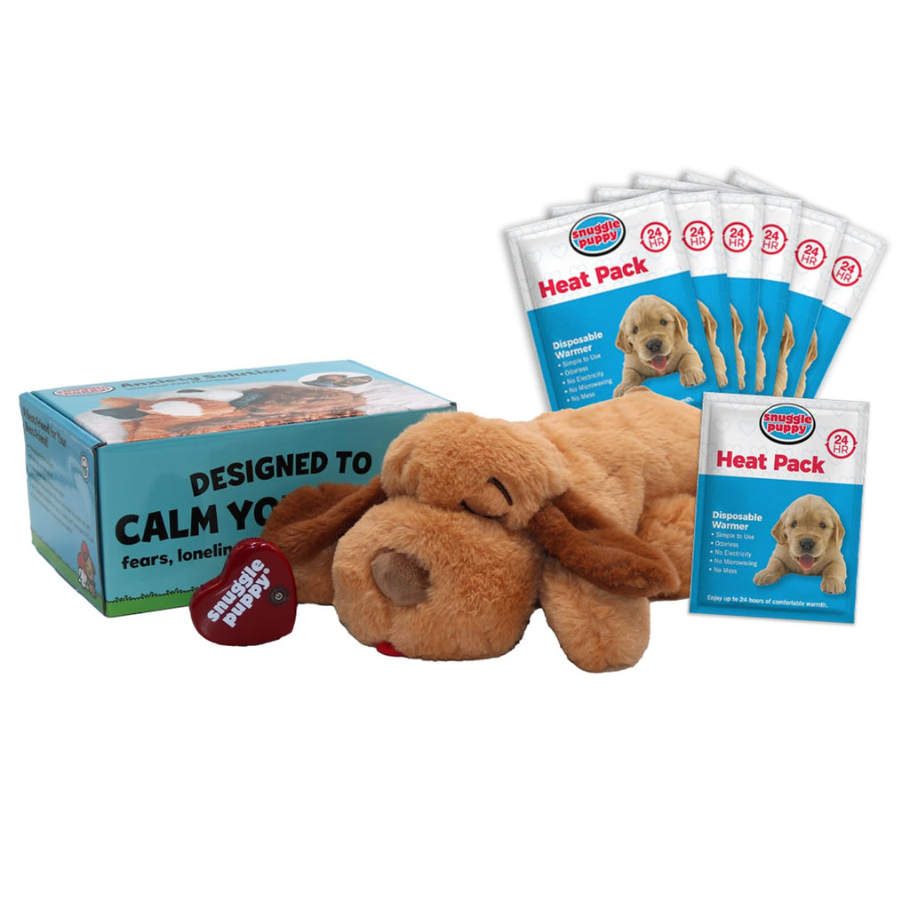 Snuggle Puppy Original Heartbeat Puppy Toy with Real-Feel Pulse & Heat Pack, Calming Sleep Aid for Puppy Anxiety, Crate Training, First Nights & New Puppy Transition - Biscuit Plus 6 Heat Packs