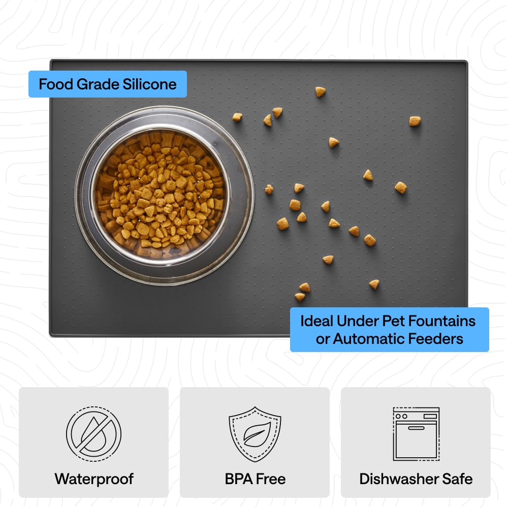 GORILLA GRIP 100% Waterproof Raised Edge BPA Free Silicone Pet Feeding Mat, Dog Cat Food Mats Contain Spills Protects Floors, Placemats for Cats and Dogs Water Bowl, Pets Accessories 16x10, Charcoal
