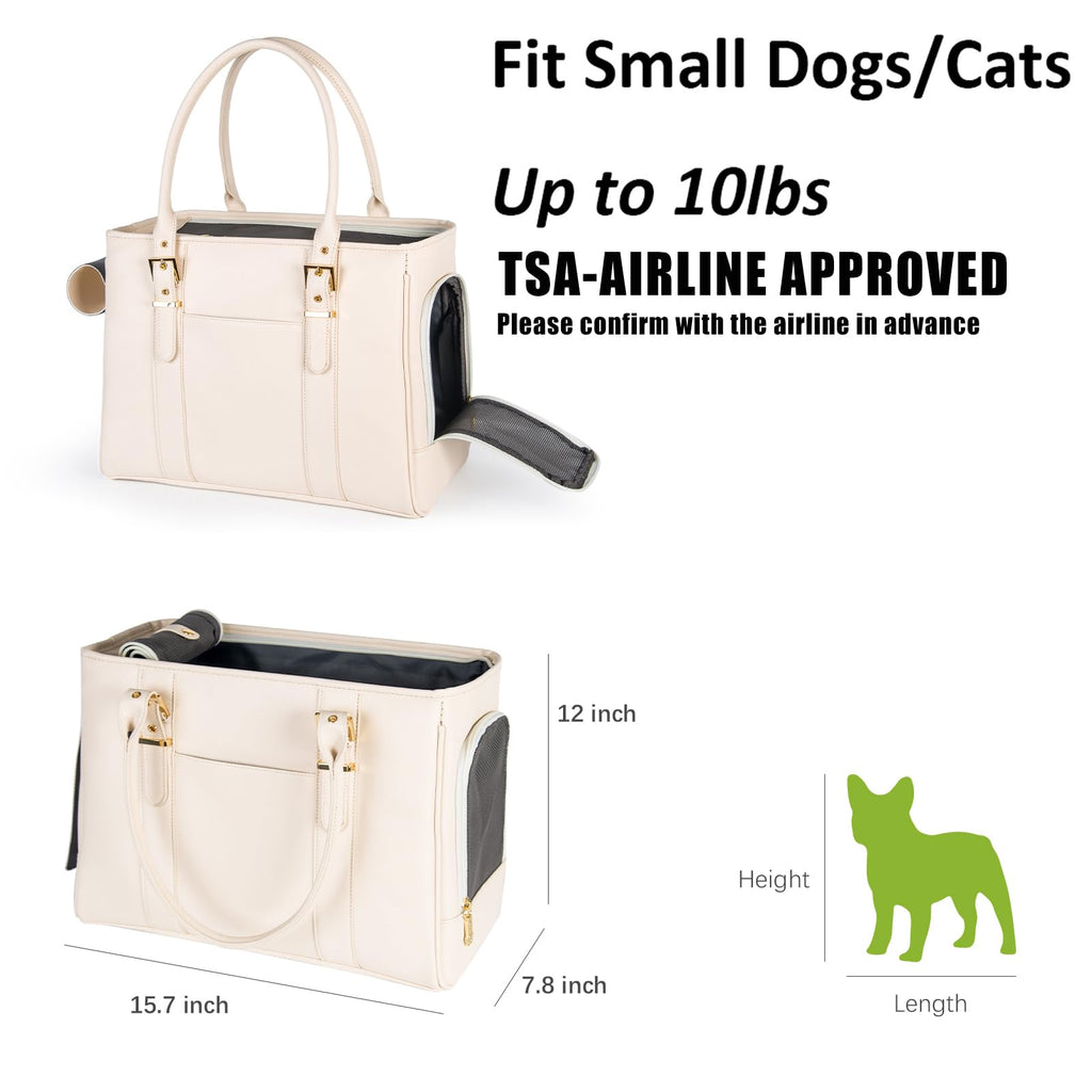 Fashion Pet Carrier Dog Purse Cat Bag Soft-Sided Carriers Travel Airline Approved, Stylish Leather Tote Handbag for Small Animal Puppy Kitten (White)