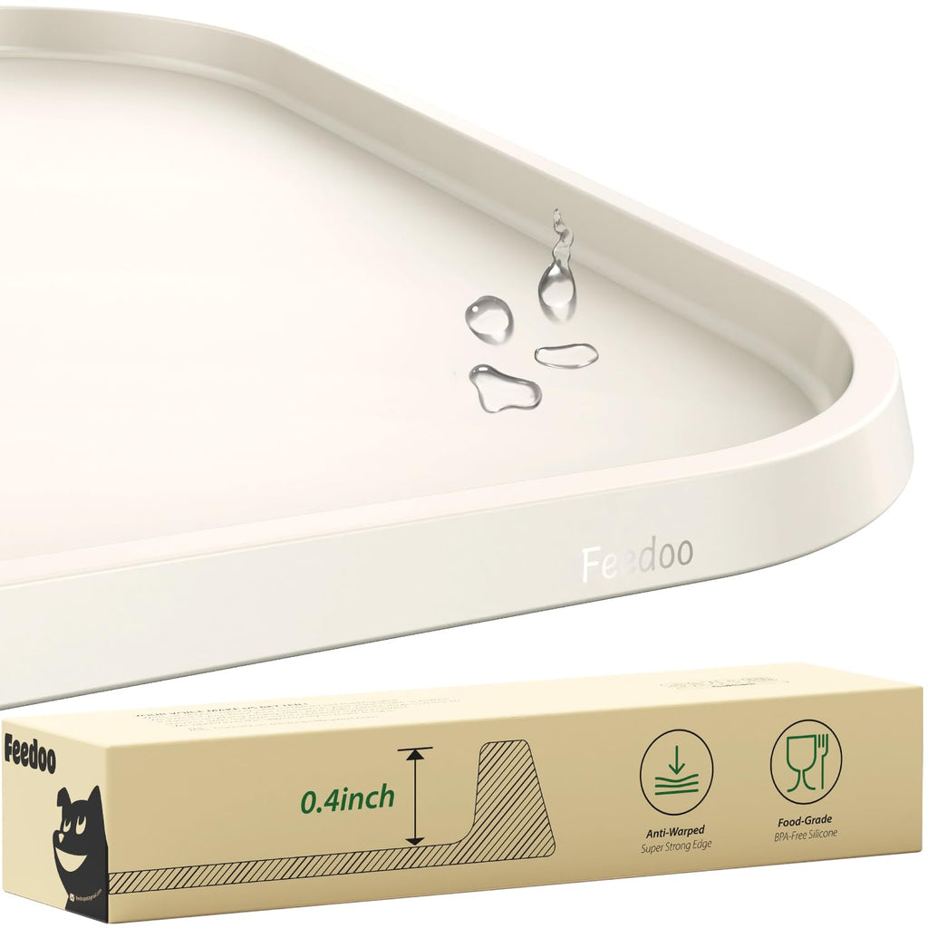 Feedoo Pet Feeding Mat [Warped Resistant Raised Edge], Water-Proof Silicone Placement for Food Water Bowls, Anti-Slip Base Protect Floor, BPA-Free&Dishwasher-Safe [28.5x16.5inch XL, Sand White]
