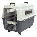 SportPet Airline Compliant LARGE 31.5" Travel Dog Kennel-Durable Plastic Airline Pet Carrier w/ Removable Wheels & Food Bowls, Collapsible Indoor/Outdoor Dog Kennel, Dogs up to 28"L & 20"H-Cream/Gray