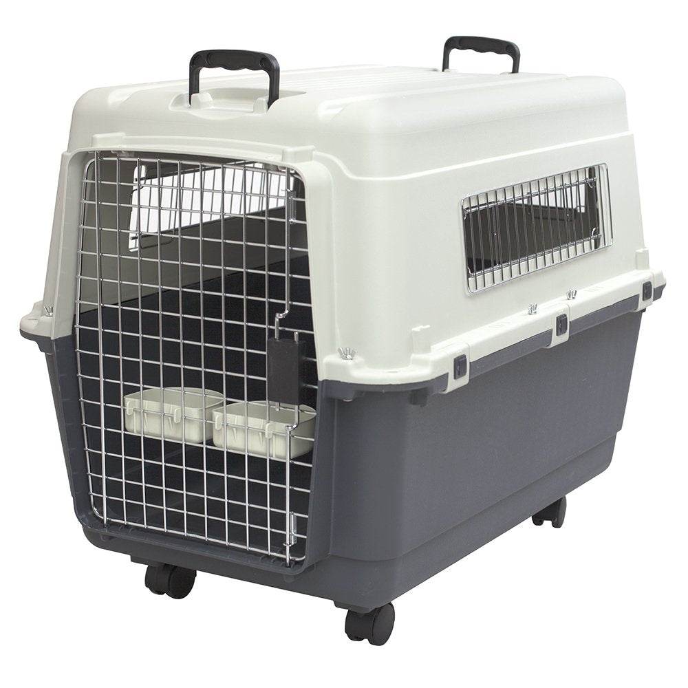 SportPet Airline Compliant LARGE 31.5" Travel Dog Kennel-Durable Plastic Airline Pet Carrier w/ Removable Wheels & Food Bowls, Collapsible Indoor/Outdoor Dog Kennel, Dogs up to 28"L & 20"H-Cream/Gray