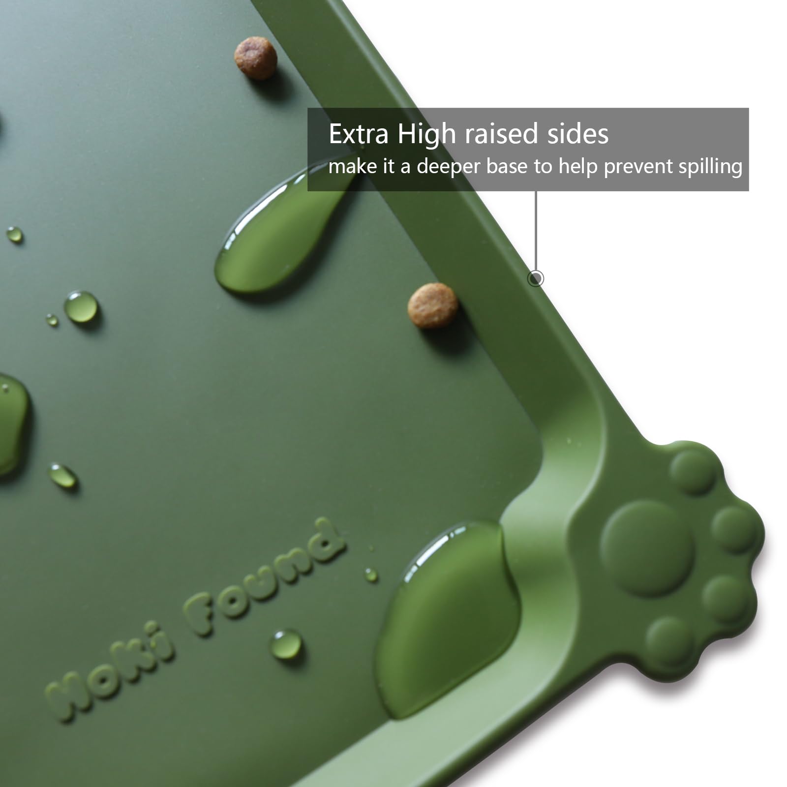 Hoki Found Silicone Pet Food Mat - High-Lips Dog Cat Bowl Placemat - Waterproof, Dark Olive