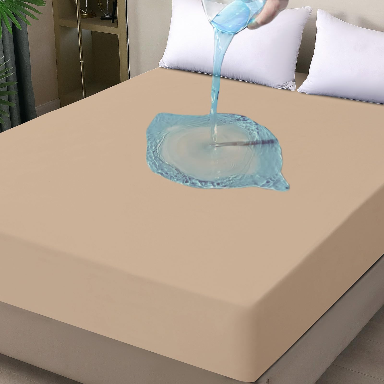 Waterproof Mattress Protector Queen, Fitted Sheet Style Breathable Mattress Cover with Deep Pocket Fits Up to 18'', Noiseless Bed Cover for Kids Adults Pets, Machine Washable (Light Tan, 60'' X 80'')