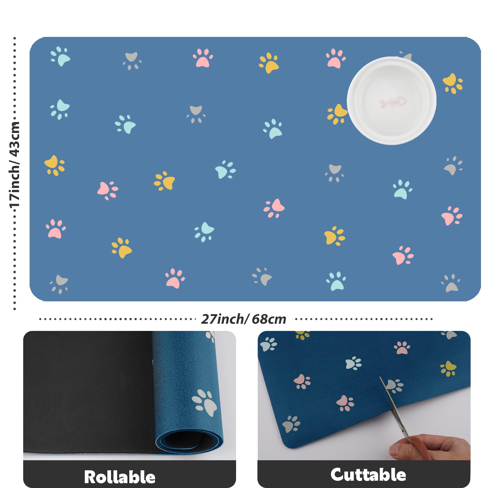 Yetstock Pet Feeding Mat Absorbent Dog Mat for Food and Water Non Slip Quick Dry Dog Bowl Mats for Floors 27" X 17" Paw Lake Blue