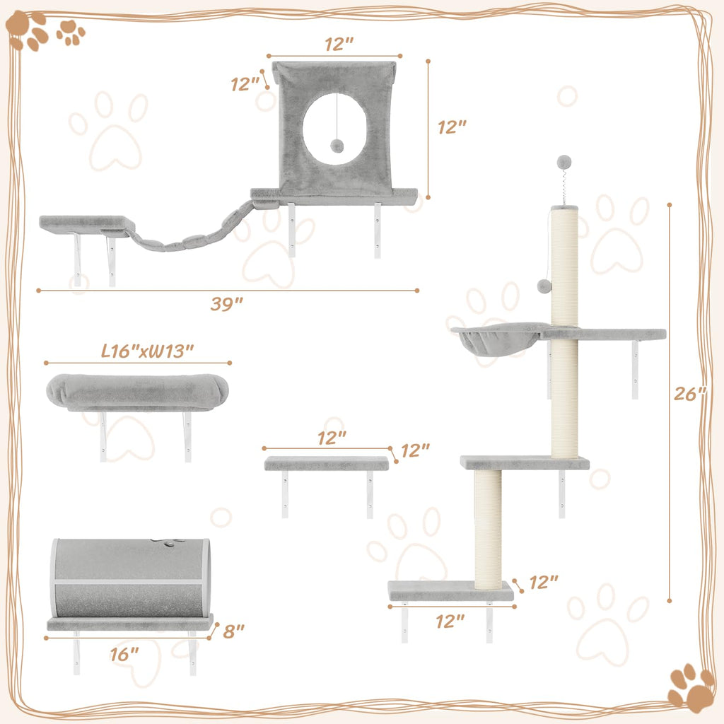 NUNU LAB Cat Wall Shelves, 7 Pcs Wall-Mounted Cat Climber Set, Gray