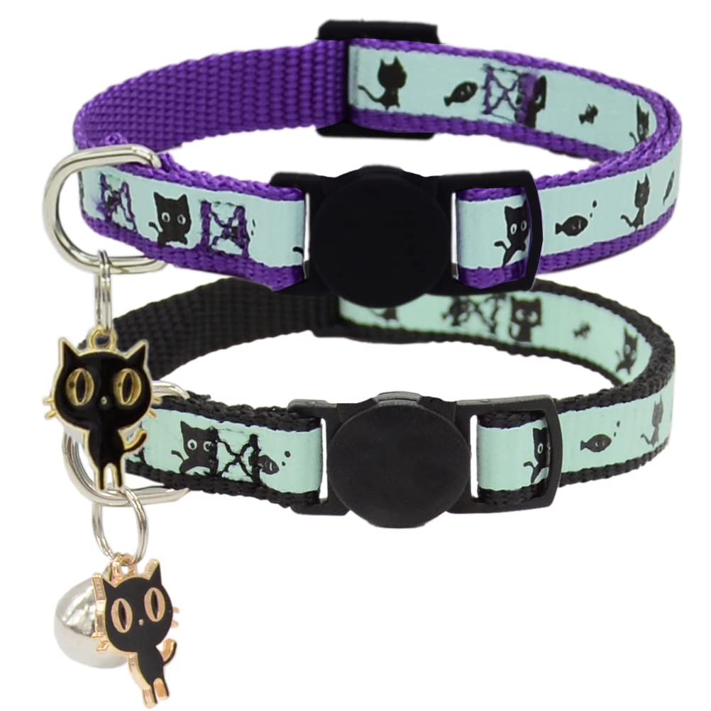 2 Pack Glow in The Dark Cat Collar with Bell Breakaway Safety Cat Puppy Collars with Pendant Black and Pink