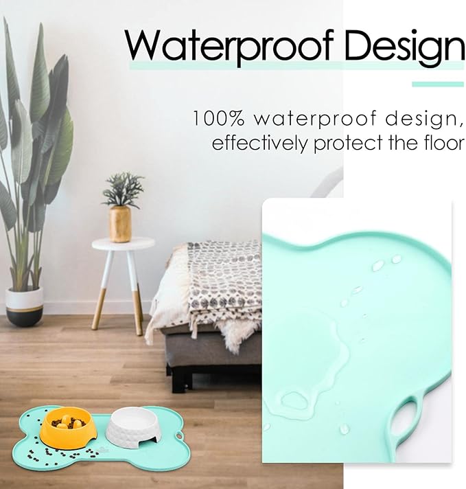 Super Design Dog Food Mat Dog Bowl Mat for Food and Water Silicone Non Spill Cat Feeding Mat Puppy Placemat Waterproof - 20.5" x 14.5", Light Green