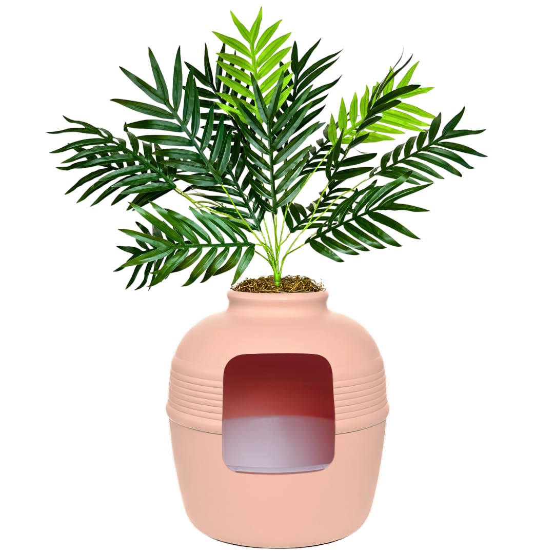 Good Pet Stuff Original Hidden Litter Box Planter, Decorative Cat Litter Enclosure, Carbon Filter, Faux Plant, Easy to Clean, Round Design, Removable Tray, Essentials Kit, Palm Plant, Blush Coral
