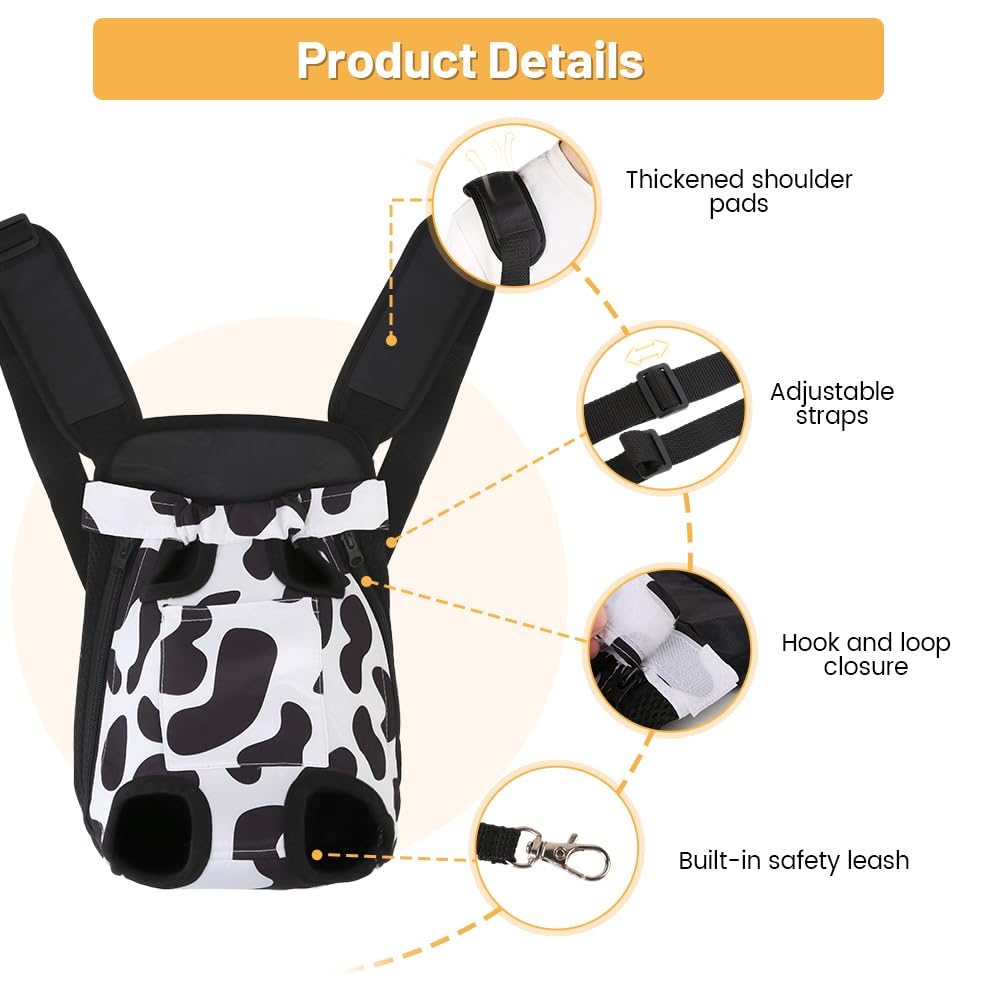 Inspack Dog Backpack Carrier/Cat Carrier, Adjustable Pet Front Carriers Travel Bag for Puppy Medium Dogs, Legs Out, Soft Ventilated Doggie Chest Carry Backpacks for Hiking/Camping, 4-7 lbs, Cow Print
