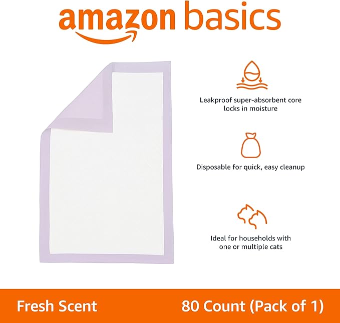 Amazon Basics Cat Pee Pads, Odor Control, Super Absorbent, Disposable, Universal Fit for Litter Box, Fresh Scent, Multi Cat, White/Purple, 80 Count