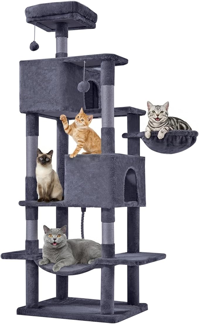 DUMOS 54-inch Indoor Cat Tree Tower –Multi-Level Pet House for Large Cats with 2 Condos, Scratching Posts, Round Platform, Small Ladder, and Toys – Perfect for Cats of All Ages, Dark Grey