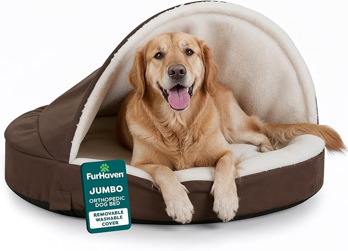 Furhaven 44" Round Orthopedic Dog Bed for Large Dogs w/ Removable Washable Cover, For Dogs Up to 80 lbs - Sherpa & Suede Snuggery - Gray, 44-inch