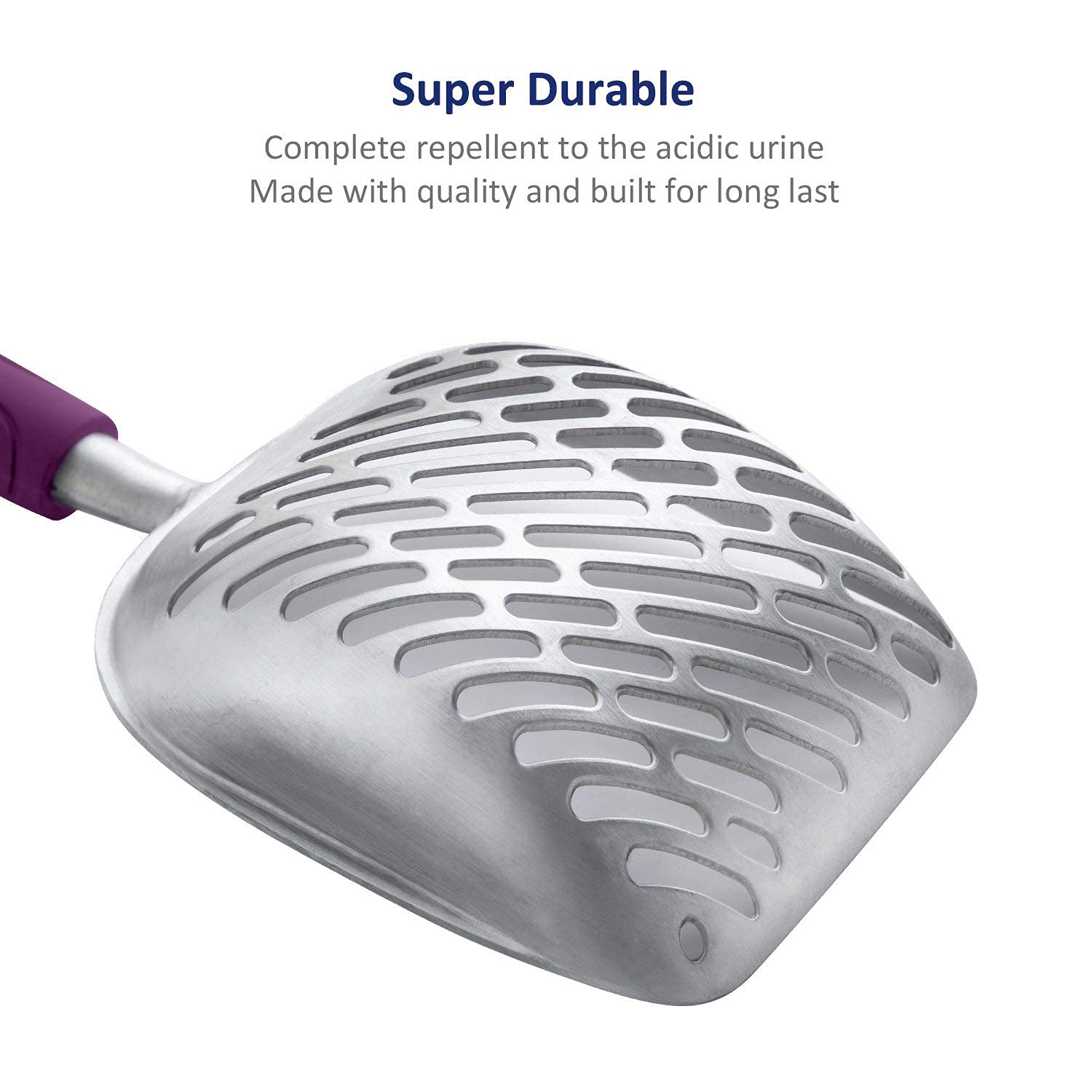 WePet Cat Litter Scoop, Aluminum Alloy Sifter, Kitty Metal Scooper, Deep Shovel with Diagonal Sifting Hole, Long Handle, Kitten Poop Lifter for Litter Box, Medium Size, Violet Handle