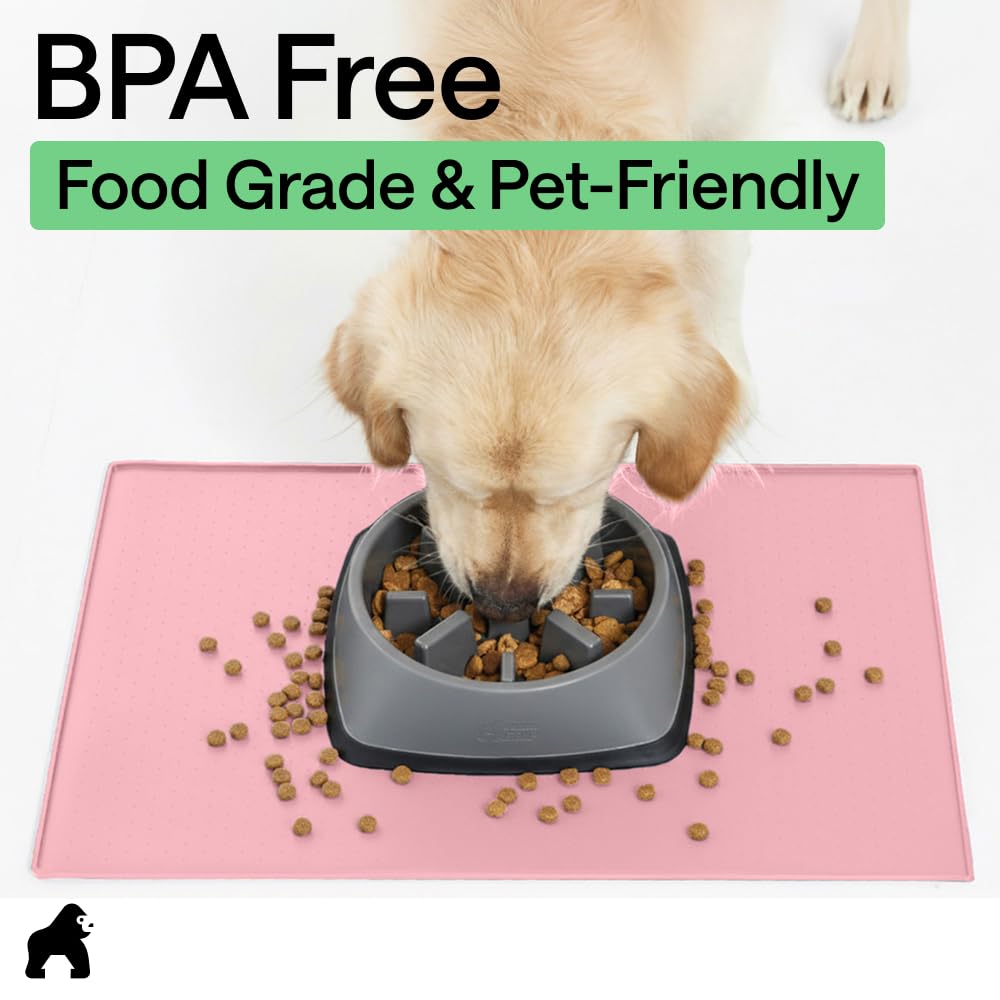 GORILLA GRIP 100% Waterproof Raised Edge BPA Free Silicone Pet Feeding Mat, Dog Cat Food Mats Contain Spills Protects Floors, Placemats for Cats and Dogs Water Bowl, Pets Accessories 18.5x11.5 Pink